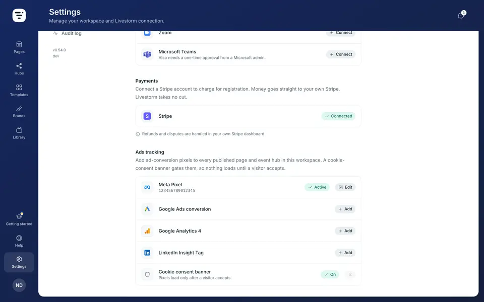 Open Settings → Integrations. At the bottom, the “Ads tracking” section has one row per platform (Meta Pixel, Google Ads, GA4 and the LinkedIn Insight Tag), then the consent banner. A platform that is set up shows its id and an “Active” tag. Here, the Meta Pixel already is.