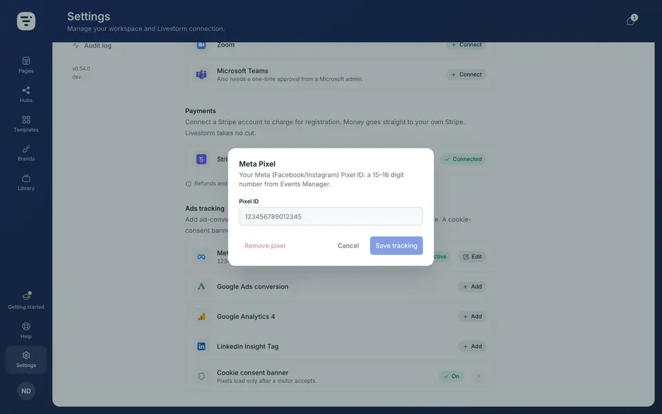 Click “Add” on a platform, or “Edit” on one that is already set up, enter its id and click “Save tracking”. Google Ads needs both a conversion id and a label; a LinkedIn conversion id needs a partner id. “Remove pixel” clears a platform you no longer use.