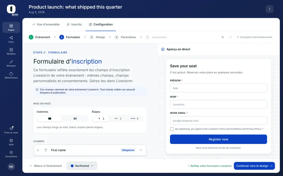 Le bouton « Register now » est passé du violet ACME au bleu Northwind.