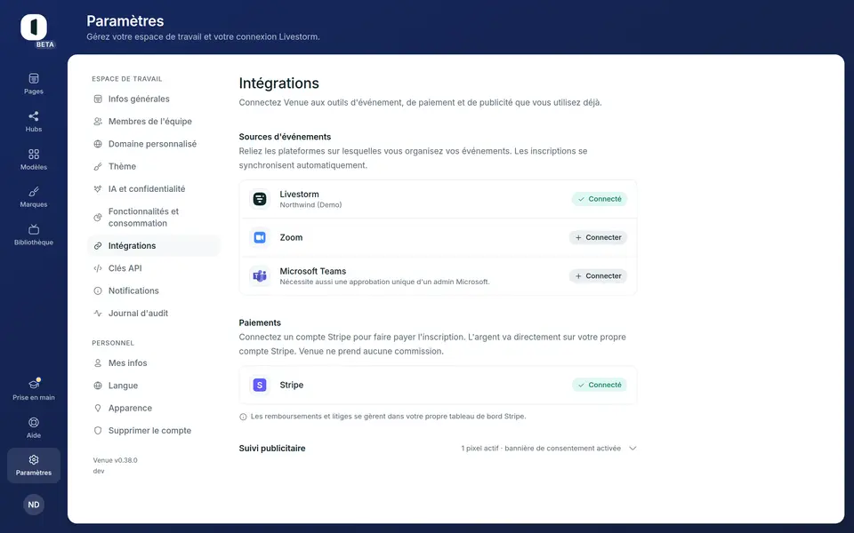 Ouvrez Paramètres → Intégrations. Sur la ligne Zoom, cliquez sur « Connecter » (administrateurs de l'espace de travail uniquement).