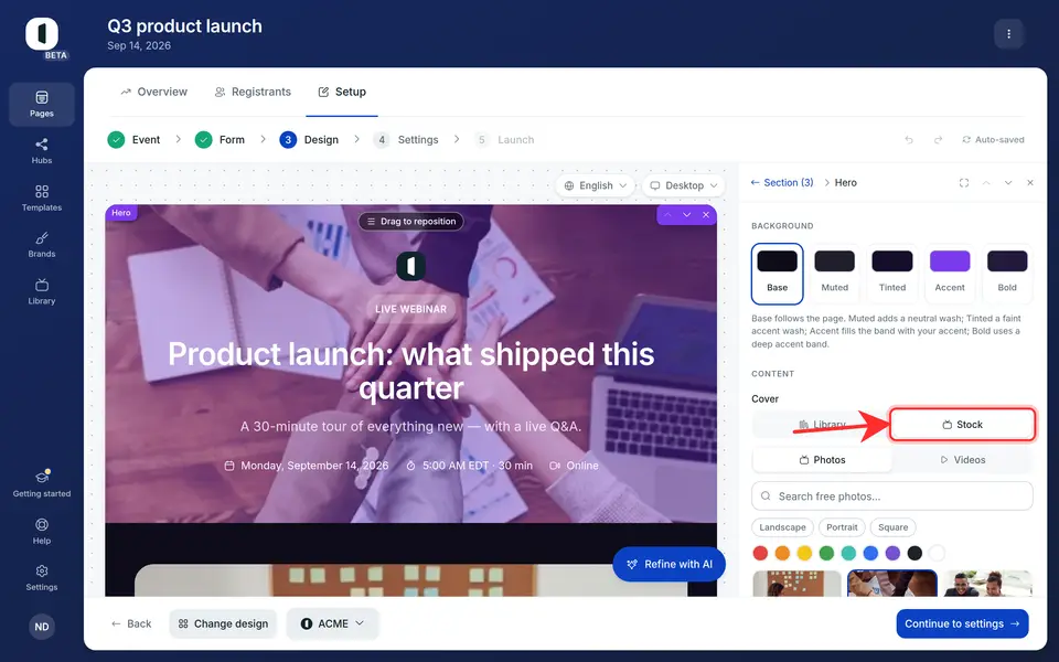 Switch to the “Stock” tab to search free Pexels photos and videos: filter by media type, orientation and color, then click a result to apply it.