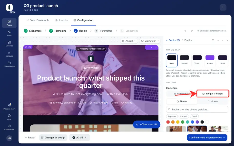 Passez sur l'onglet « Stock » pour rechercher des photos et vidéos libres de Pexels : filtrez par type de média, orientation et couleur, puis cliquez sur un résultat pour l'appliquer.