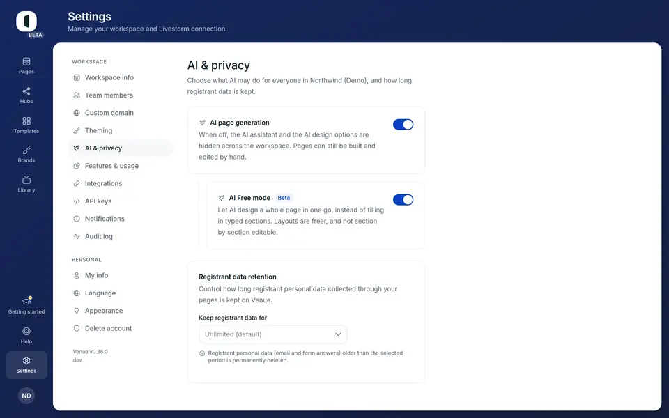 Open Settings → AI & privacy. Registrant data retention is the second card, below AI page generation.