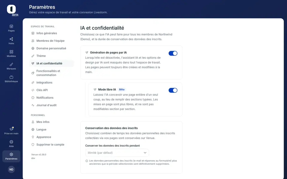 Ouvrez Paramètres → IA et confidentialité. La conservation des données des inscrits est la deuxième carte, sous la génération de pages par IA.
