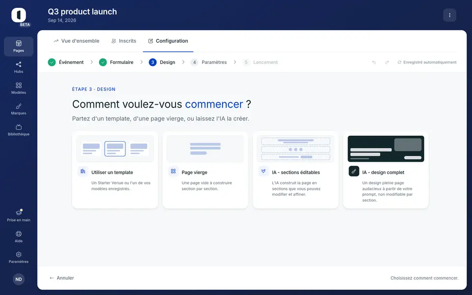 « IA, design complet » produit une page non modifiable par section ; « IA, sections éditables » reste ajustable.