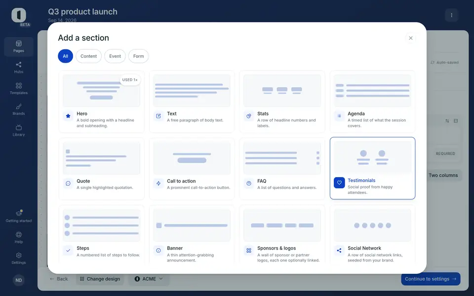 Click “Add section” to insert a new block, then reorder the sections by dragging them in this panel.