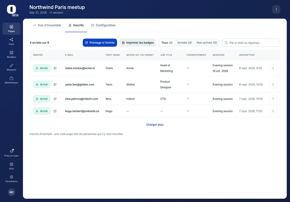 Appuyez sur « Pointer » sur sa ligne. Elle passe à « Arrivé » et le compteur se met à jour.