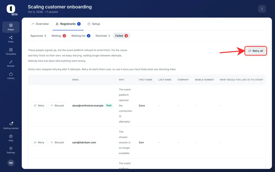 The Failed view of the Registrants tab, with Retry all and a Retry and Discard pair on each row