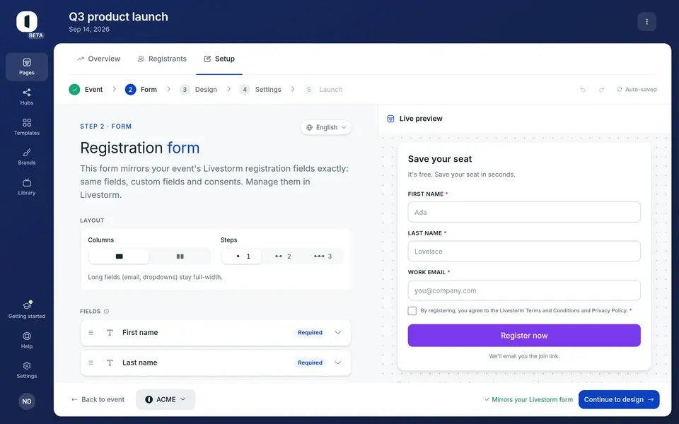 Open your page in the builder, on step 2 · Form. The Columns setting is in the Layout card, below the field list.