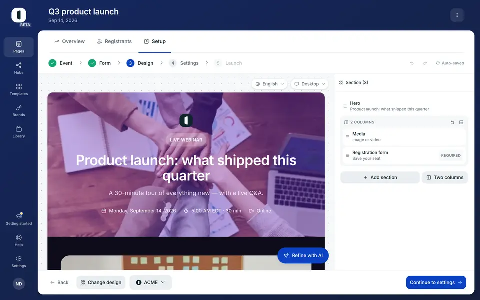 Open your page in the builder, on step 3 · Design.