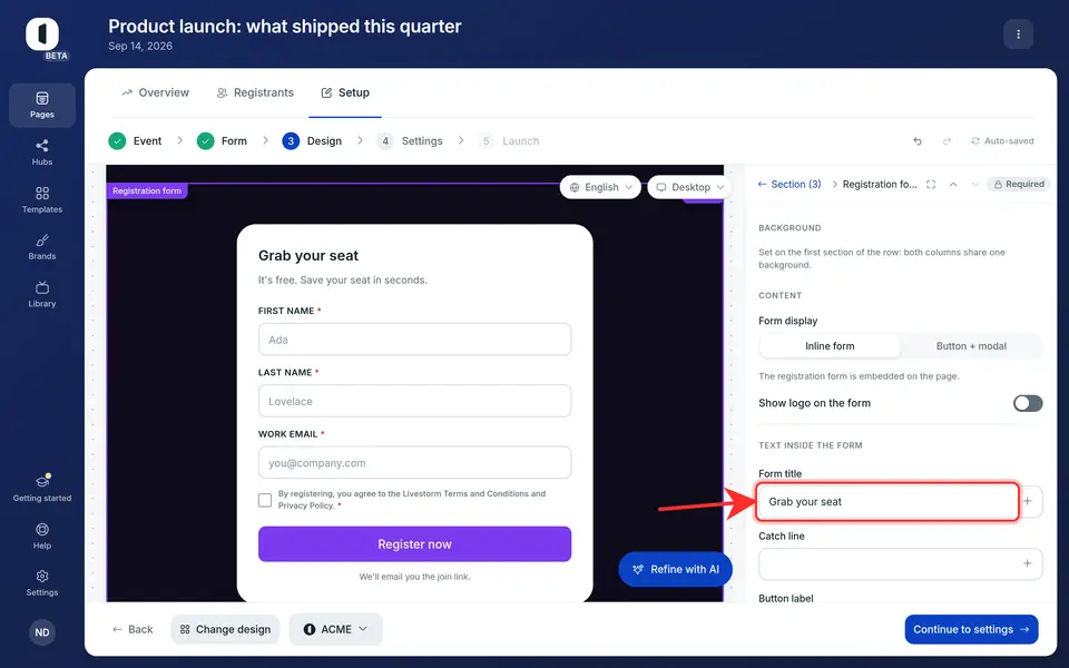 Replace the form title with a message in your own voice. The preview updates as you type.