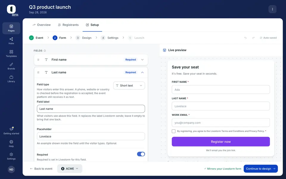 A checkbox has no placeholder, so its button reads “Customize label”. A consent keeps its wording: it is the platform’s legal text.