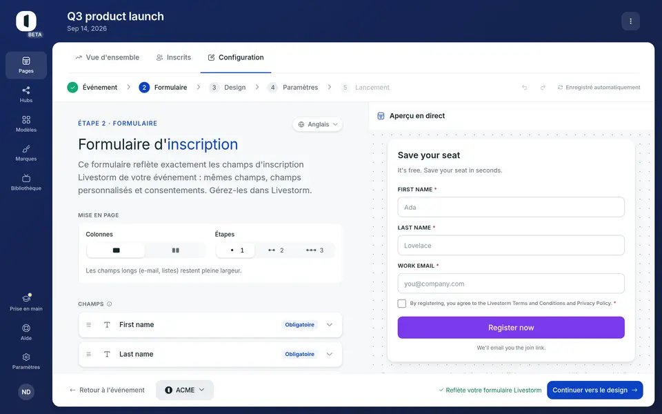 Ouvrez votre page dans le builder, à l'étape 2 · Formulaire. Le réglage Étapes se trouve dans la carte Mise en page, sous la liste des champs.