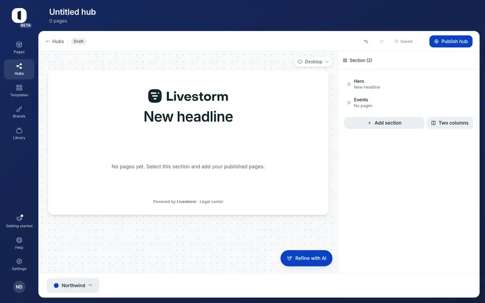A hub’s editor: a hero and an empty Events section, ready to fill.