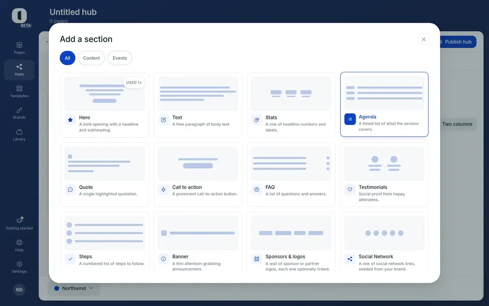 Add or reorder sections with “Add section” on the right. The Events section is the one that lists your pages (see “Choose and organize a hub’s pages”).