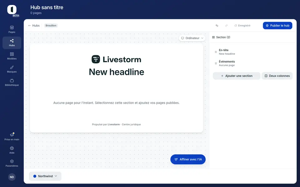 L'éditeur d'un hub : un hero et une section Événements vide, prêts à être remplis.