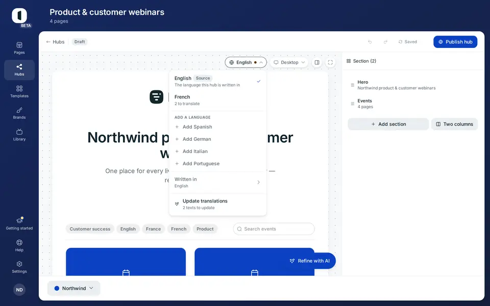 Add a language drafts the whole hub with AI. You review every text afterwards.