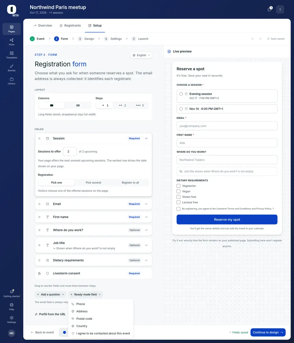 Add what you need from “Ready-made field”: phone, job title, company, address, postal code, country, or a consent checkbox. One click adds it to the form, and it leaves the menu. “Remove field”, in the open row, takes one back out.