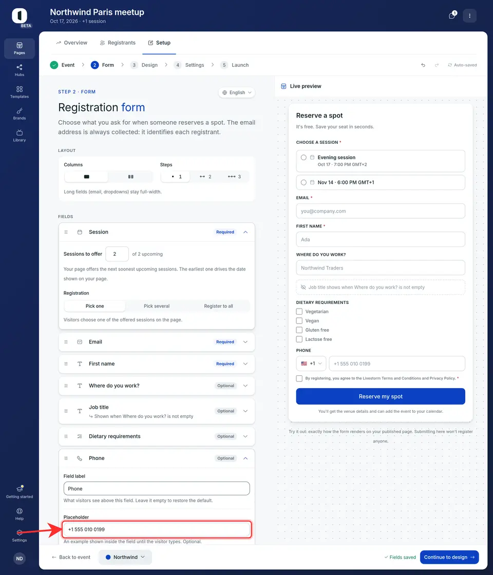 “Field label” is what visitors read above the field; leave it empty to restore the default. “Placeholder” is the example shown inside the field until someone types: optional, and empty by default. The live preview shows both as you type.