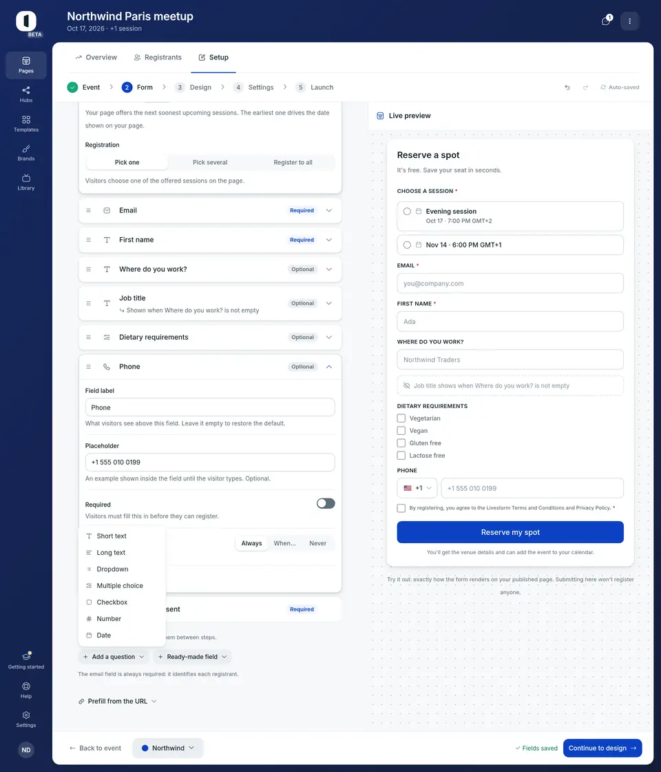 “Add a question” asks for the kind of answer first: short text, long text, dropdown, multiple choice, checkbox, number or date. The question lands above the consents, already open, with the cursor in its Question box.