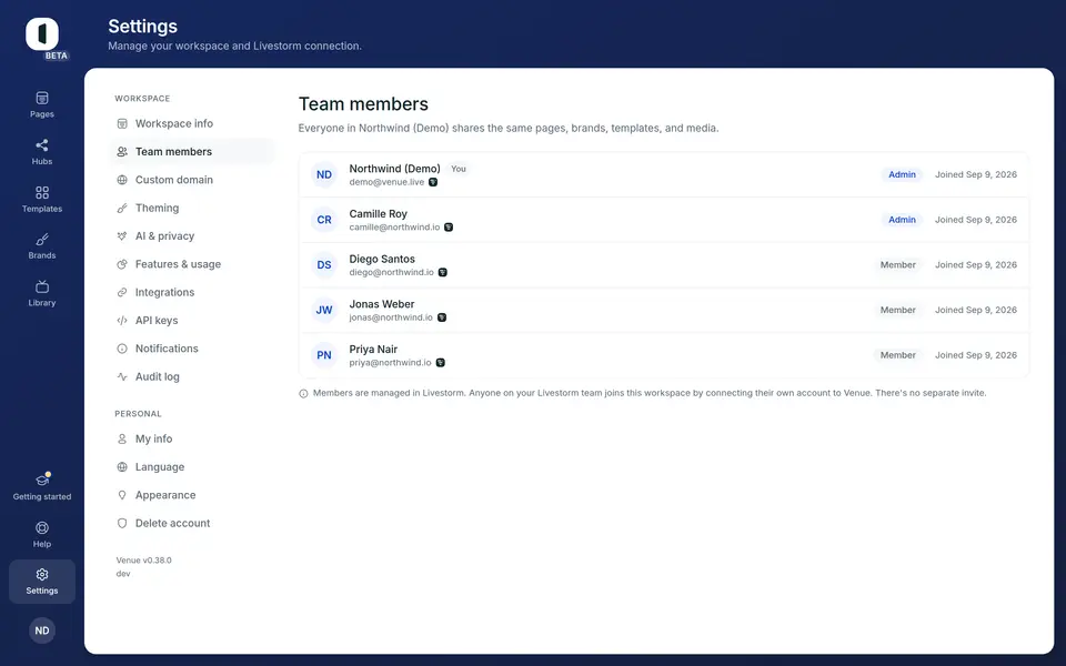 Open the Team members tab at this address in the app: one row per person, with their email, role and join date. The Settings menu does not list it, since your team is managed in Livestorm, from the avatar menu.