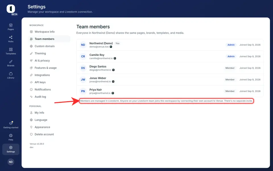 Roles are derived from Livestorm, so there is no invite button.
