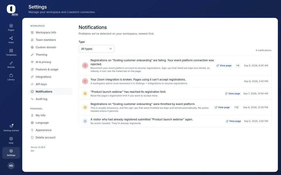 Open Settings → Notifications. Problems are listed newest first, each with a colored dot: red for an error to fix, amber for a warning, blue for information.