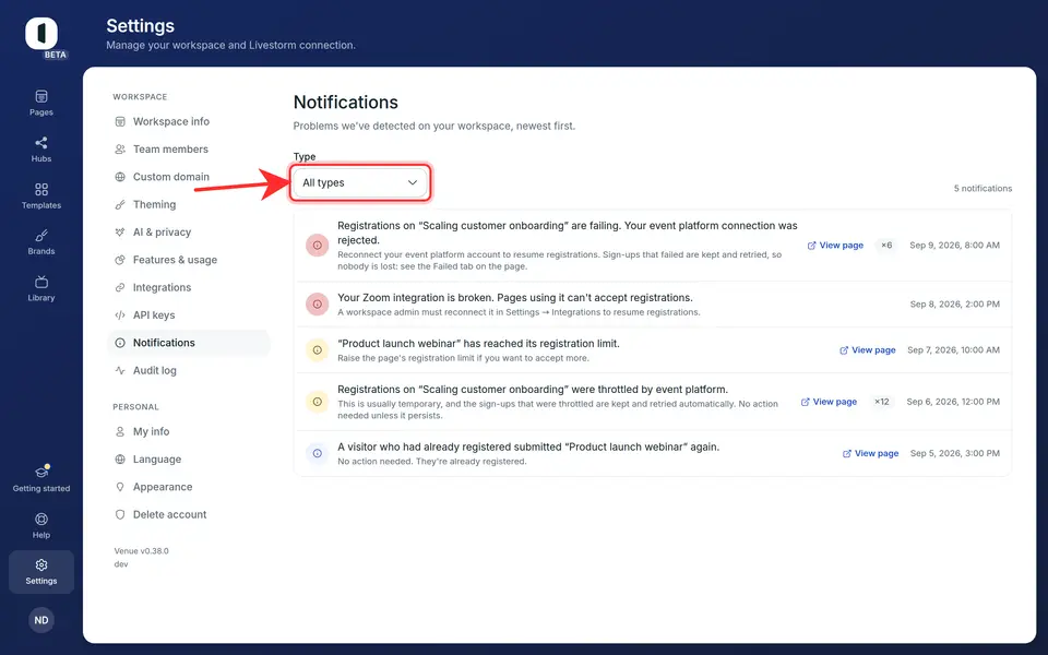 Use the “Type” filter to narrow to a single category, connection rejected, registration full, rate limited, and so on. The counter on the right shows how many notifications match.