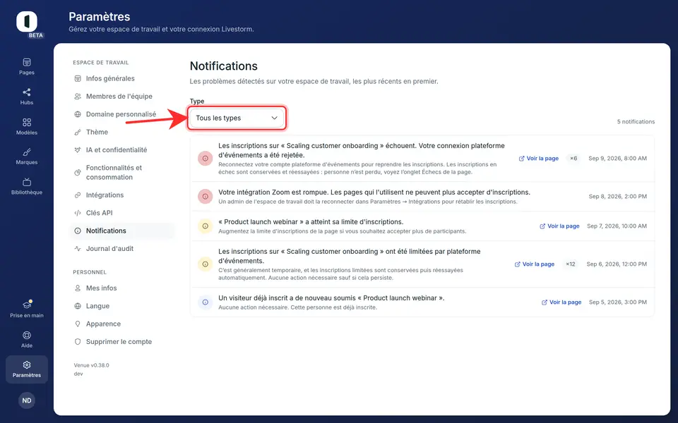 Utilisez le filtre « Type » pour ne garder qu’une catégorie, connexion rejetée, inscriptions complètes, limite de requêtes, etc. Le compteur à droite indique le nombre de notifications correspondantes.