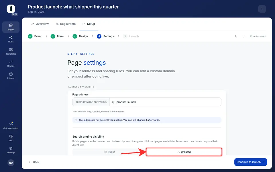 In the visibility block, choose “Public” (crawlable and indexable by search engines) or “Unlisted” (hidden from search, reachable only via its direct link).