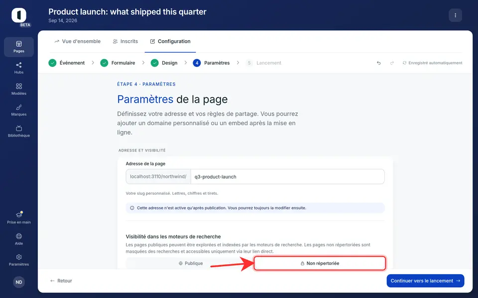 Dans le bloc Visibilité, choisissez « Publique » (explorable et indexable par les moteurs de recherche) ou « Non répertoriée » (masquée des recherches, accessible uniquement via son lien direct).