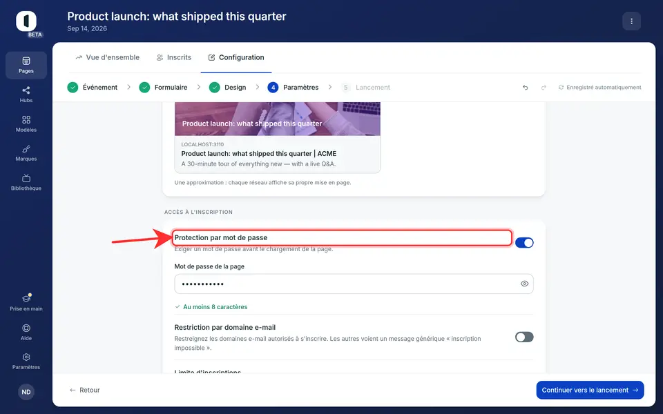 Activez « Protection par mot de passe » pour exiger un mot de passe avant le chargement de la page, puis saisissez-le, au moins 8 caractères. Le bouton œil permet de le révéler.