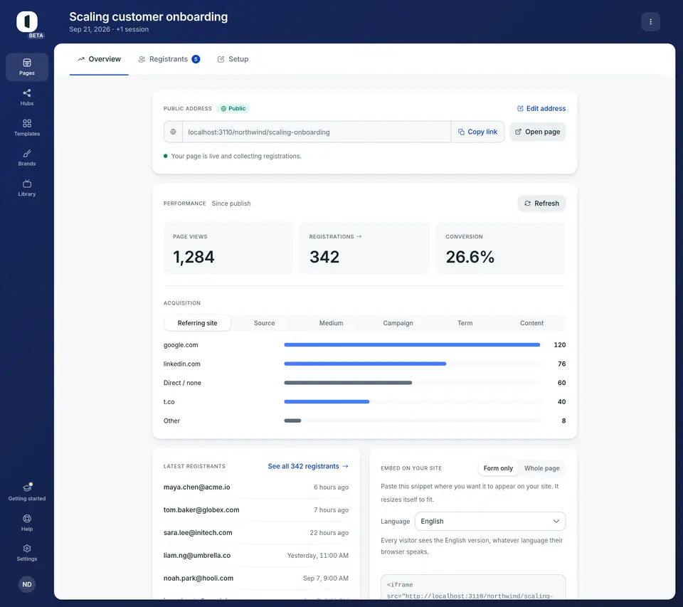 Open a published page, select the “Overview” tab and scroll to the acquisition breakdown, under the numbers in the Performance card.
