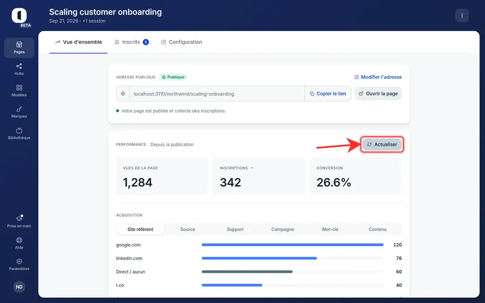 La conversion correspond au rapport inscriptions / vues. Cliquez sur « Actualiser » pour rafraîchir les chiffres.