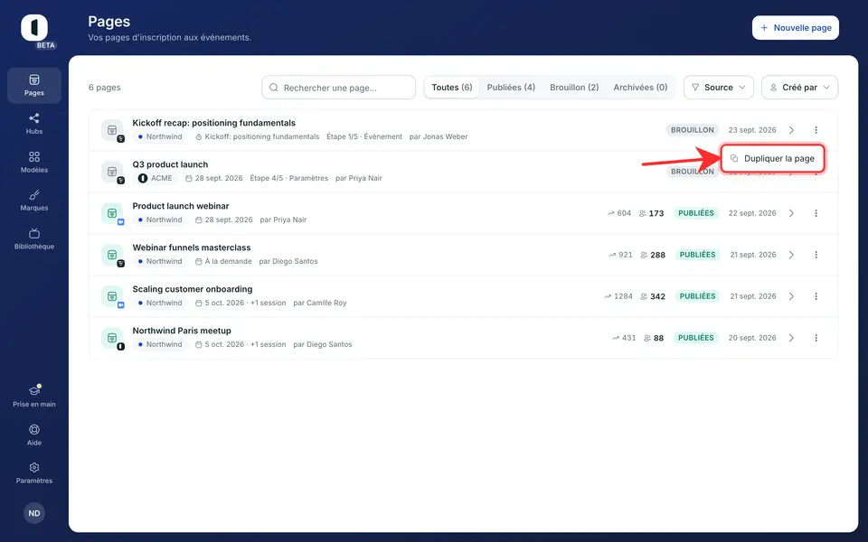 Dans l'onglet Pages, ouvrez le menu ⋯ en bout de ligne de la page et choisissez « Dupliquer la page ».