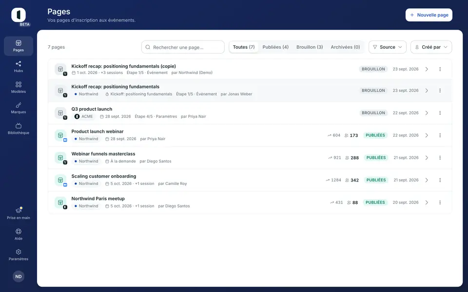 La copie arrive en tête de liste, en brouillon, sous le nom de la page suivi de « (copie) ». Vous restez sur la liste, avec votre recherche et vos filtres tels quels.
