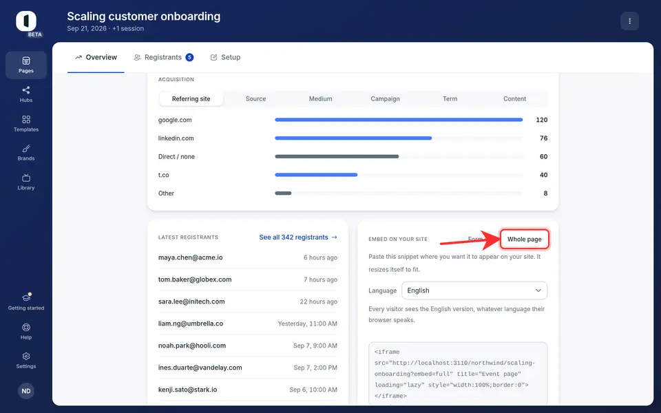 Choose what the embed shows: “Form only” for the registration form on its own, or “Whole page” for the published page without the browser chrome.