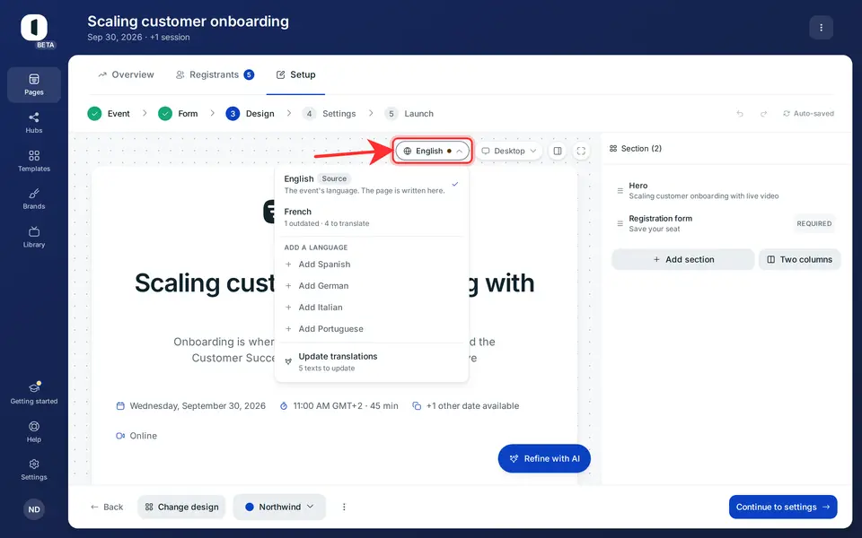 Add a language drafts the whole page with AI. You review every text afterwards.