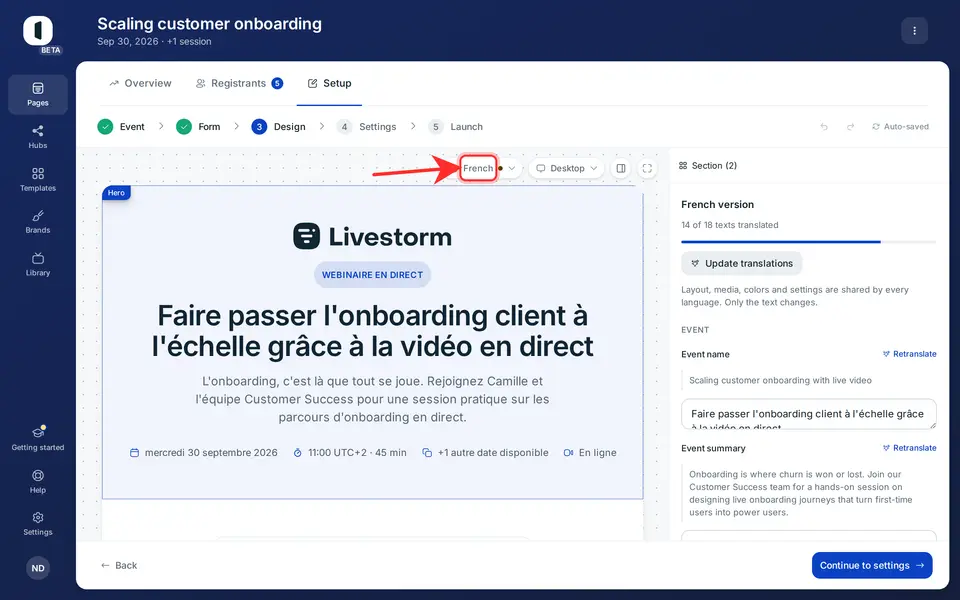 Pick a version: the canvas shows the page as its visitors will see it in that language, and the right panel becomes the translation overview. It opens on the event’s own name and summary, then lists each section with its status.