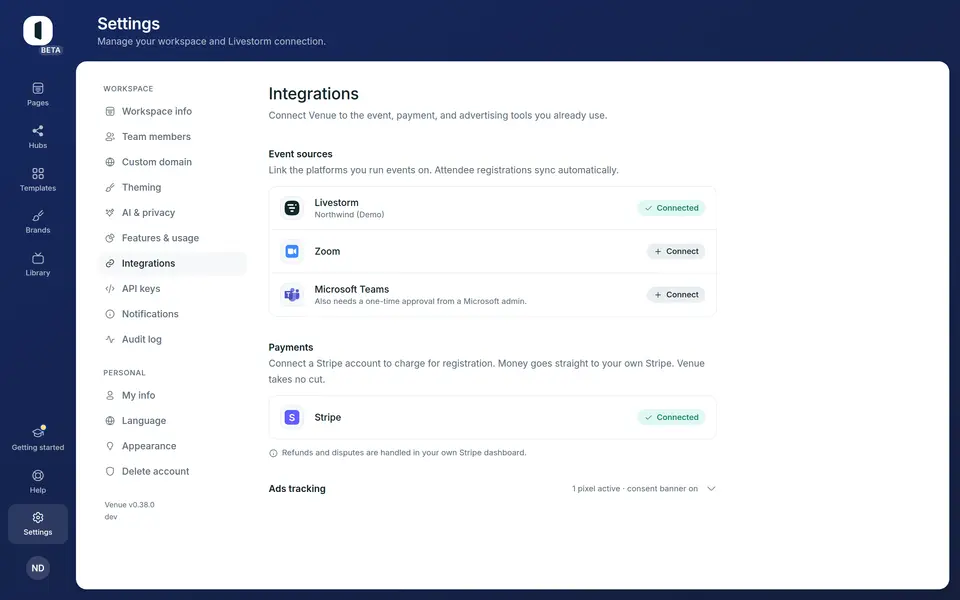 Paid registration needs a connected Stripe account. Open Settings → Integrations and check that the Stripe row reads “Connected”.