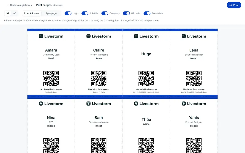 The print view stacks one badge per registrant, alphabetically: your logo and accent color, their name, their job title and company when you collect them, their ticket’s QR code under the name, and the event with its venue.