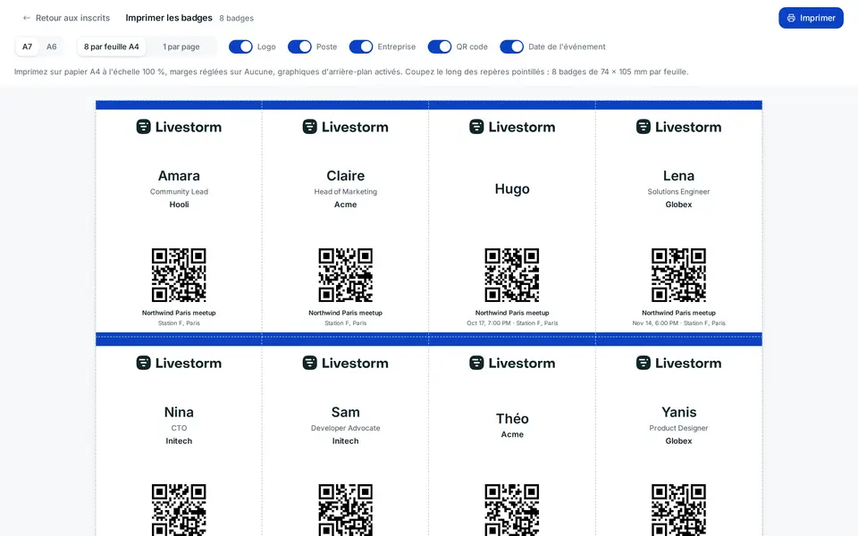 La vue d'impression empile un badge par inscrit, par ordre alphabétique : votre logo et votre couleur d'accent, son nom, sa fonction et son entreprise quand vous les collectez, le QR code de son billet sous le nom, et l'événement avec son lieu.
