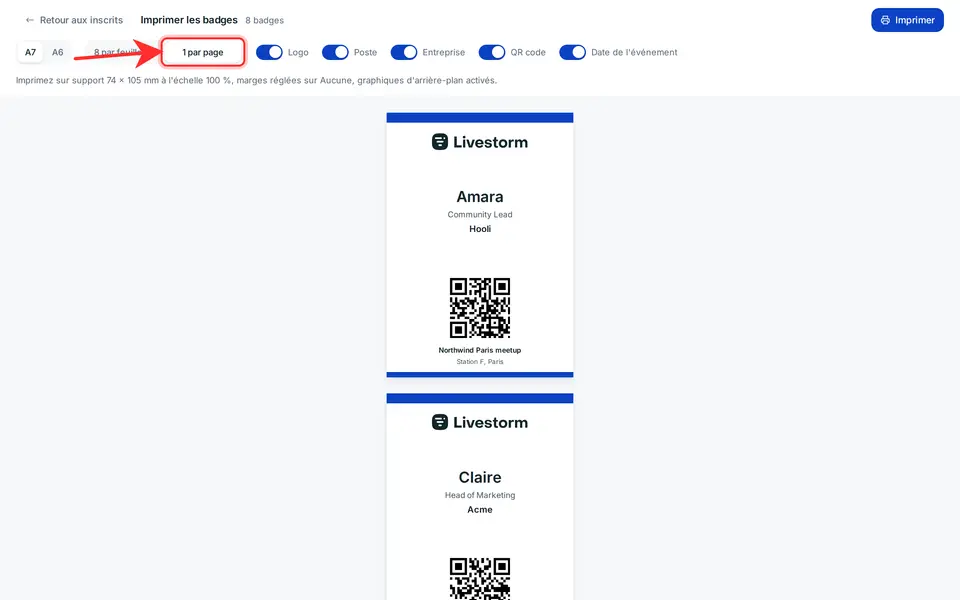 Choisissez la taille (A7 ou A6) et la mise en page (plusieurs badges par feuille A4 avec repères de coupe, ou 1 par page pour une imprimante à badges) puis retirez ce dont vous n'avez pas besoin avec les interrupteurs Logo, Poste, Entreprise, QR code et Date de l'événement. Ils sont tous activés à chaque ouverture de la vue.