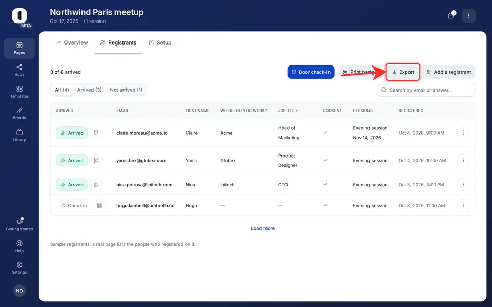 Open the “Registrants” tab of a published page. “Export” sits with the other actions above the table.