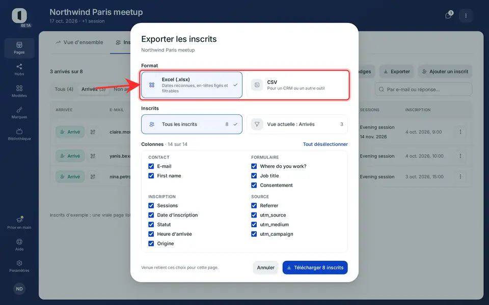 Cliquez sur « Exporter » et choisissez le format : Excel (.xlsx) par défaut, avec des dates reconnues et des en-têtes figés et filtrables, ou CSV pour un CRM ou un autre outil.