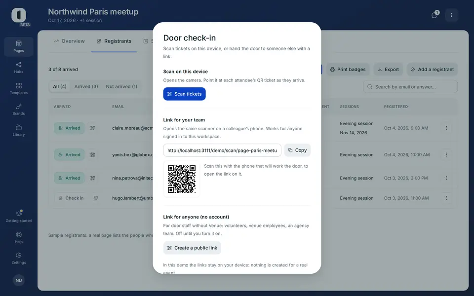 The dialog offers the three ways to work the door: scan on this device, a link for your team, or a link for anyone.