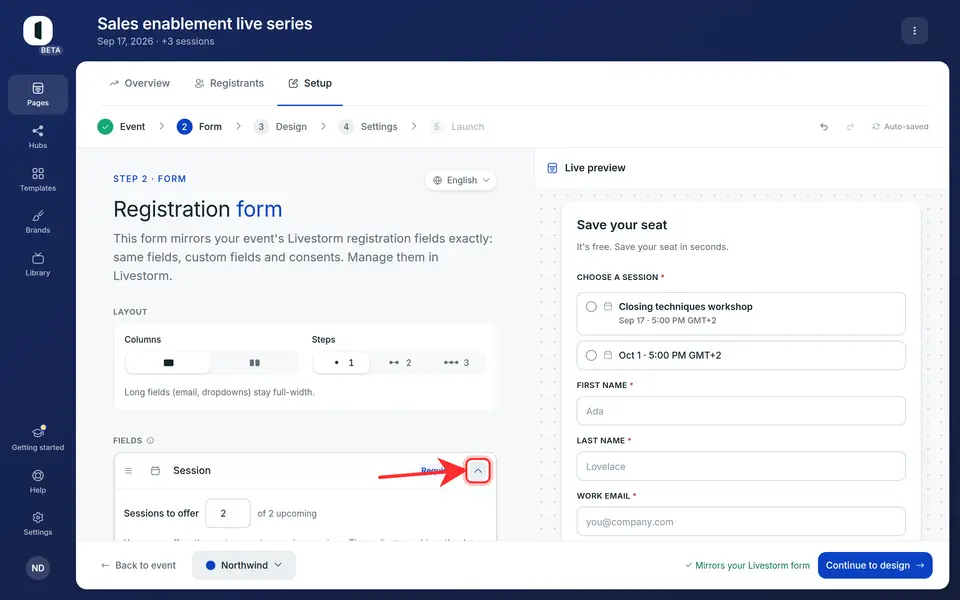 On step 2 · Form, the “Session” row already sits open on its config: “Sessions to offer” sets how many upcoming sessions the page presents. The chevron on the row folds it away and back.