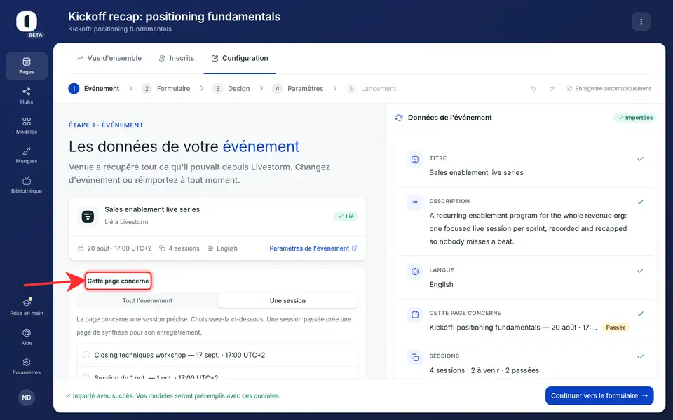 À l'étape 1 · Événement, une fois les données de l'événement importées, repérez le bloc « Cette page porte sur » sous la carte de l'événement.