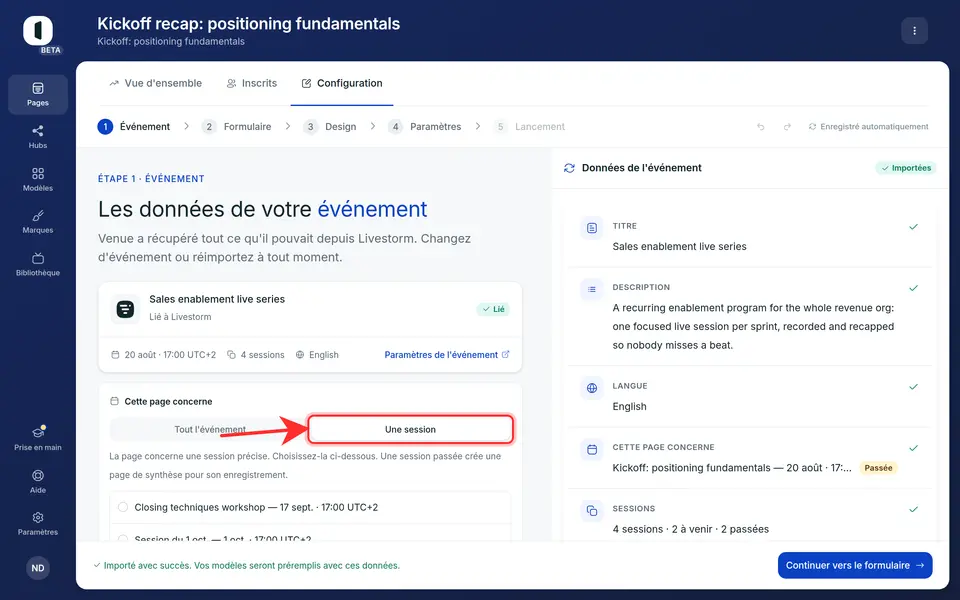 Choisissez « L'événement entier » (la ou les prochaines sessions à venir déterminent la date affichée) ou « Une session » pour la lier à une session précise.