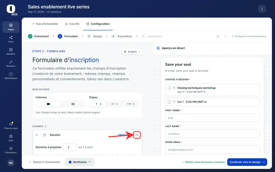 À l'étape 2 · Formulaire, la ligne « Session » s'ouvre déjà sur sa configuration : « Sessions à proposer » fixe le nombre de prochaines sessions offertes. Le chevron de la ligne la replie et la rouvre.